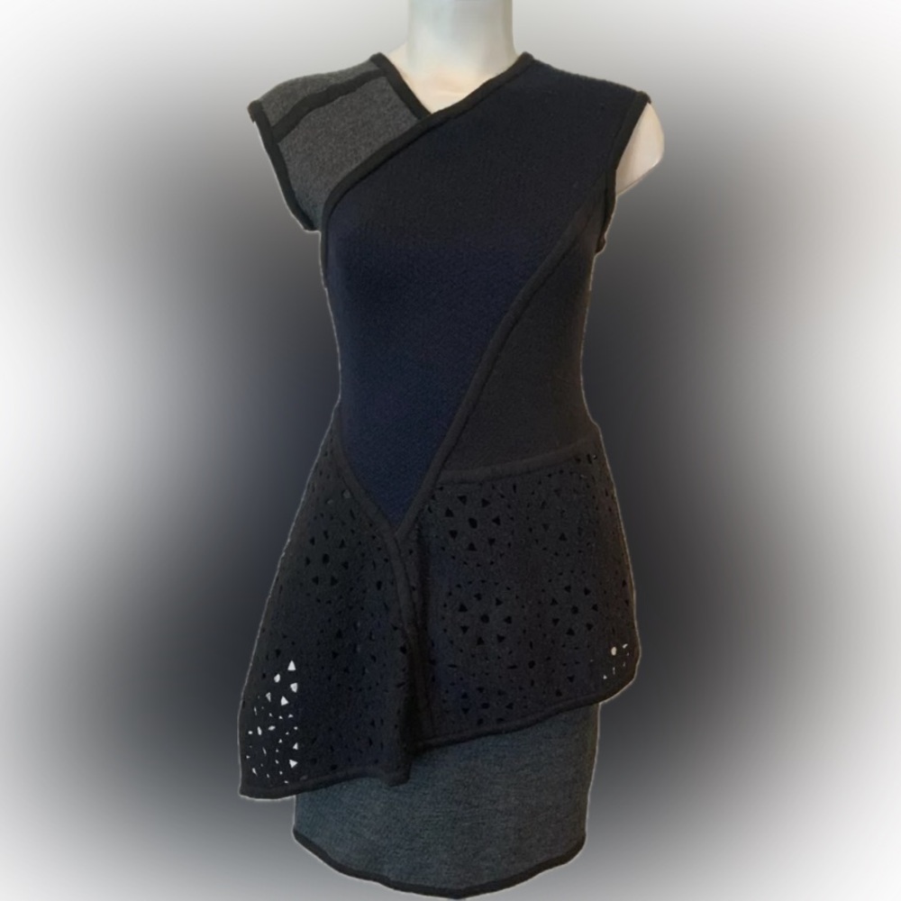 Yigal Azrouel Wool sleeveless Peplum Dress, Gray, Black & Navy— size Medium